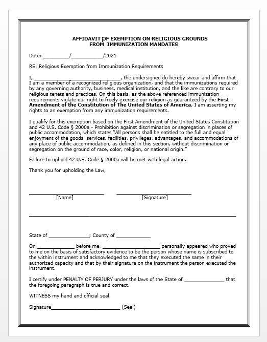 RELIGIOUS EXEMPTION FROM VACCINE MANDATES – TEMPLATE FORM